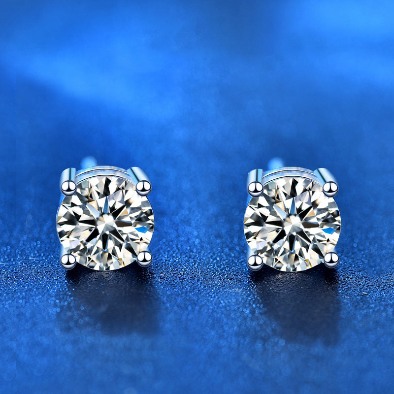 925 Sterling Silver Geometric Stud Earrings with 0.3ct/0.5ct/1ct/2ct White or Black Moissanite Hearts and Arrows Cut Micro-Paved Minimalist Design for Women