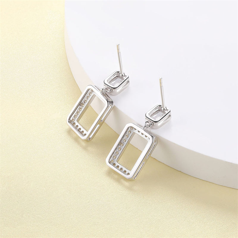 925 Sterling Silver Geometric Tassel Earrings for Women Minimalist Hollow Square Dangle Earrings, White Gold Plated 4g