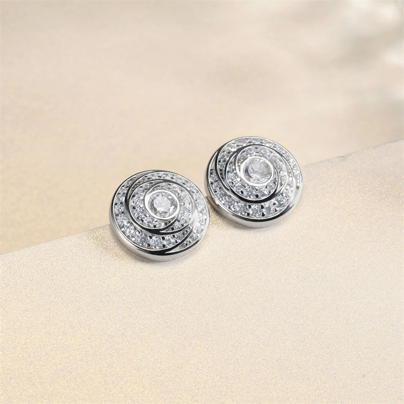 925 Sterling Silver Geometric Zircon Earrings for Women Elegant Round Stud Earrings White Gold Plated