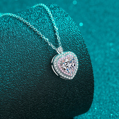 925 Sterling Silver Heart-Shaped Pendant Necklace - 1CT Moissanite PT950 Rose Gold Plated Chain