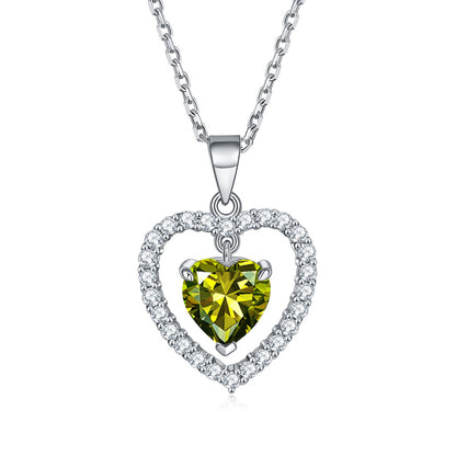 925 Sterling Silver Heart Birthstone Necklace - Romantic Ruby Zircon Pendant