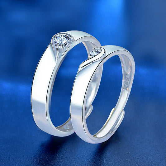 925 Sterling Silver Heart Couple Rings with Zircon - Triple White Gold Plated Minimalist Matching Bands