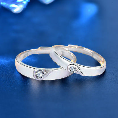 925 Sterling Silver Heart Couple Rings with Zircon - Triple White Gold Plated Minimalist Matching Bands