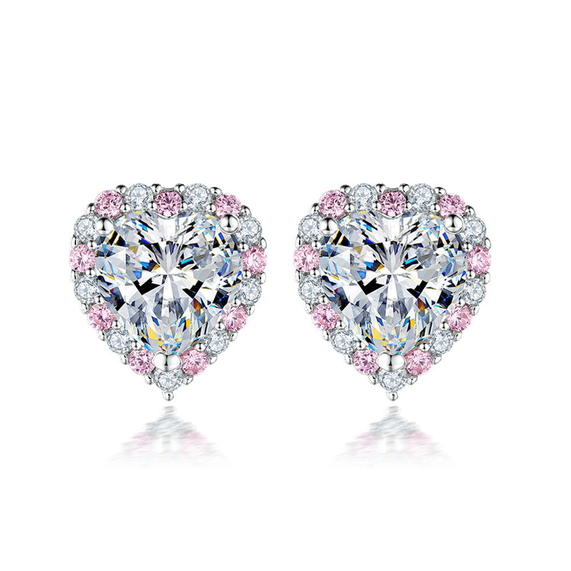 925 Sterling Silver Heart Earrings for Women Elegant Pink Zircon Stud Earrings White Gold Plated 2g