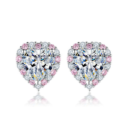 925 Sterling Silver Heart Earrings for Women Elegant Pink Zircon Stud Earrings White Gold Plated 2g