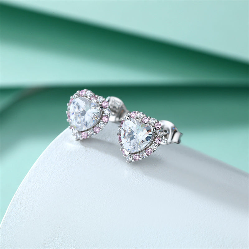 925 Sterling Silver Heart Earrings for Women Elegant Pink Zircon Stud Earrings White Gold Plated 2g