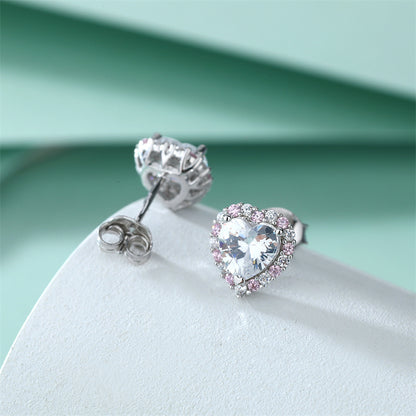 925 Sterling Silver Heart Earrings for Women Elegant Pink Zircon Stud Earrings White Gold Plated 2g