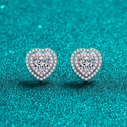 925 Sterling Silver Heart Halo Stud Earrings with Moissanite – PT950 Rose Gold Plated