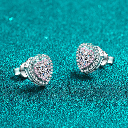 925 Sterling Silver Heart Halo Stud Earrings with Moissanite – PT950 Rose Gold Plated