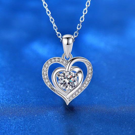 925 Sterling Silver Heart Pendant Couple Necklace with 1ct or 3ct Moissanite Cross Chain White Gold Plated Casual Love Jewelry