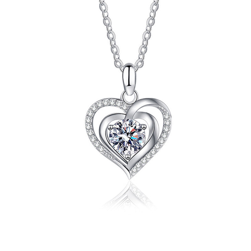 925 Sterling Silver Heart Pendant Couple Necklace with 1ct or 3ct Moissanite Cross Chain White Gold Plated Casual Love Jewelry