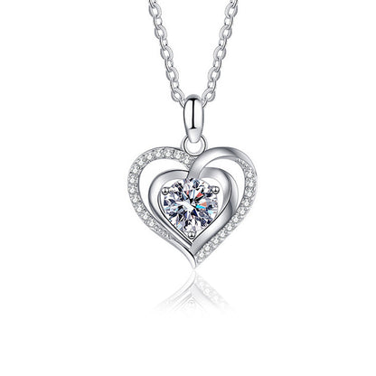 925 Sterling Silver Heart Pendant Couple Necklace with 1ct or 3ct Moissanite Cross Chain White Gold Plated Casual Love Jewelry