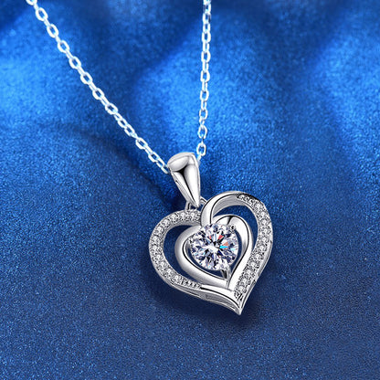 925 Sterling Silver Heart Pendant Couple Necklace with 1ct or 3ct Moissanite Cross Chain White Gold Plated Casual Love Jewelry
