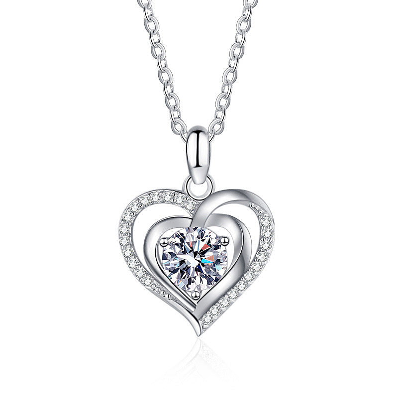 925 Sterling Silver Heart Pendant Couple Necklace with 1ct or 3ct Moissanite Cross Chain White Gold Plated Casual Love Jewelry
