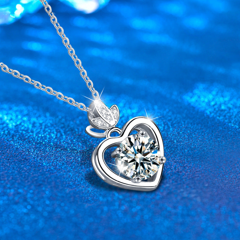 925 Sterling Silver Heart Pendant Multi-Layer Necklace with 1ct Moissanite Cross Chain Women's Rhodium Plated Jewelry