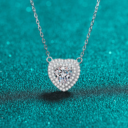 925 Sterling Silver Heart Pendant Necklace - 1CT Moissanite PT950-Plated Chinese Inspired Collarbone Chain