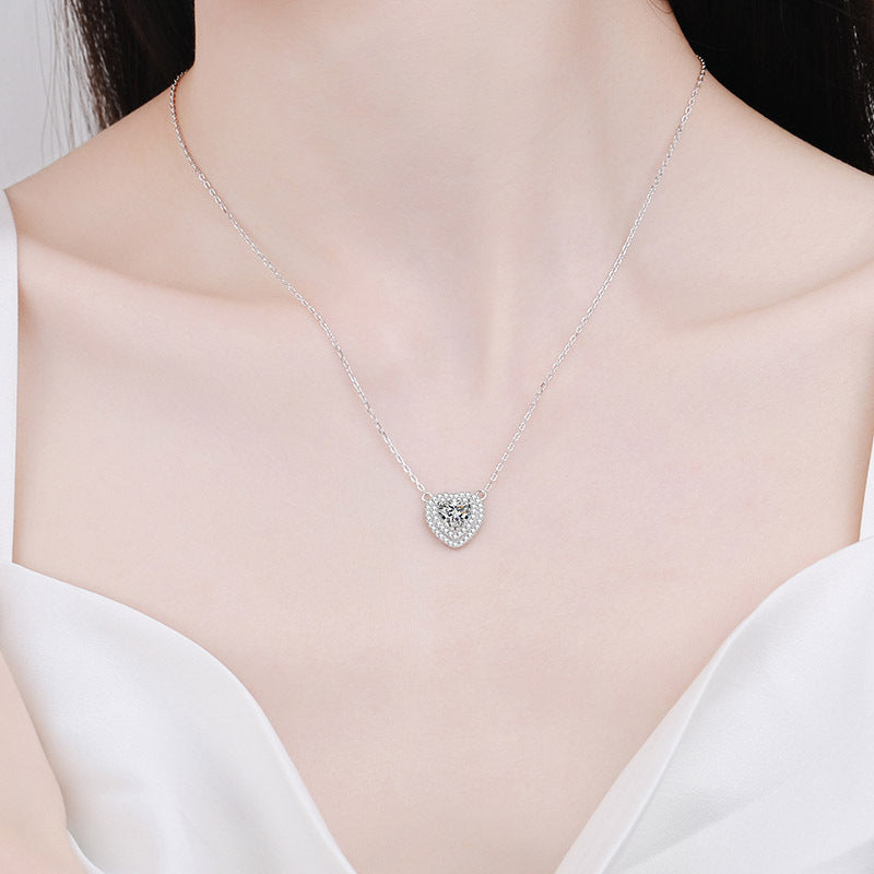 925 Sterling Silver Heart Pendant Necklace - 1CT Moissanite PT950-Plated Chinese Inspired Collarbone Chain