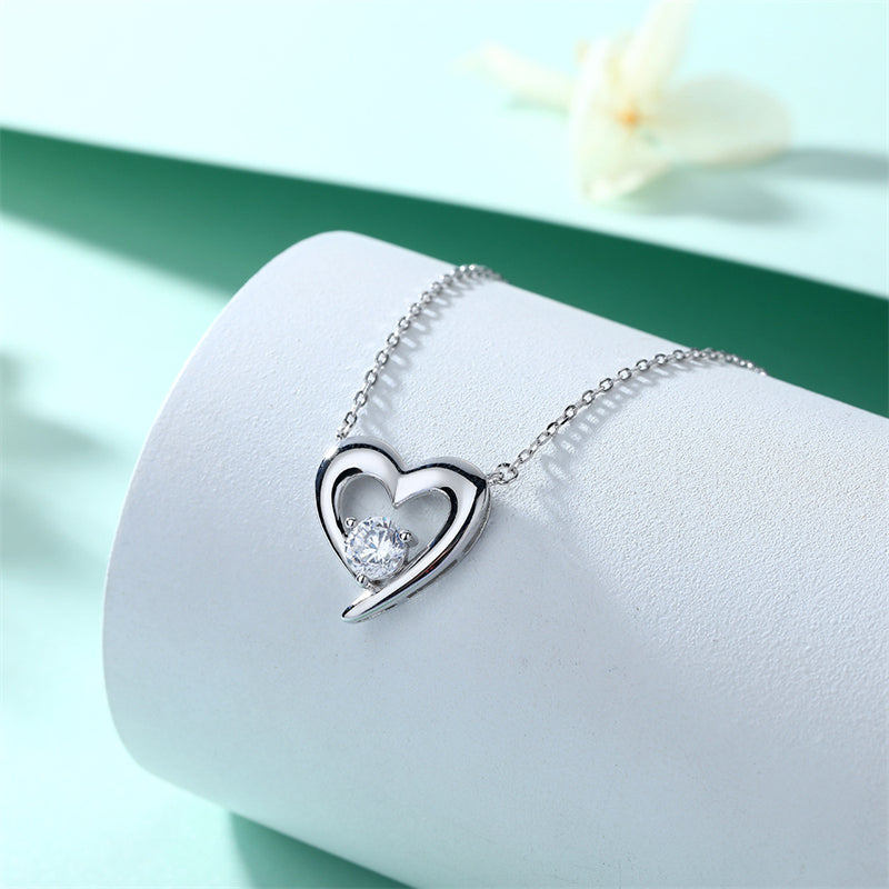 925 Sterling Silver Heart Pendant Necklace – Elegant Cubic Zirconia Layering Chain for Women
