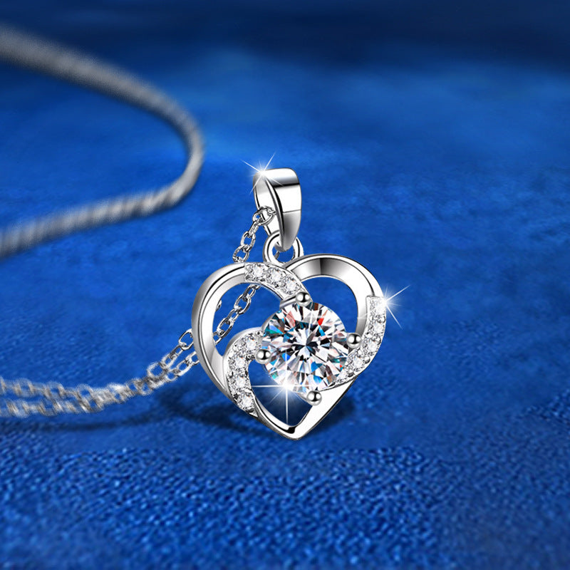 925 Sterling Silver Heart Pendant Necklace with 1ct Moissanite & Classic Chain White Gold Plated Women's Elegant Jewelry