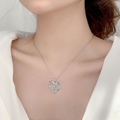 925 Sterling Silver Heart Pendant Necklace with 2ct Moissanite in 12 Colors - Rhodium Plated Casual Cross Chain Jewelry for Women