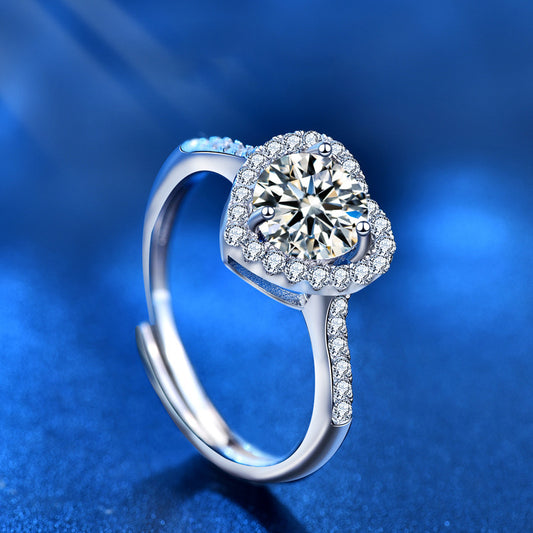 925 Sterling Silver Heart Ring with 1ct Moissanite - 0.05um White Gold Plated Adjustable Women's Band