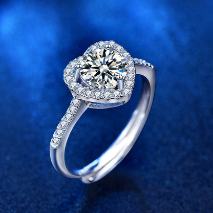 925 Sterling Silver Heart Ring with 1ct Moissanite - 0.05um White Gold Plated Adjustable Women's Band