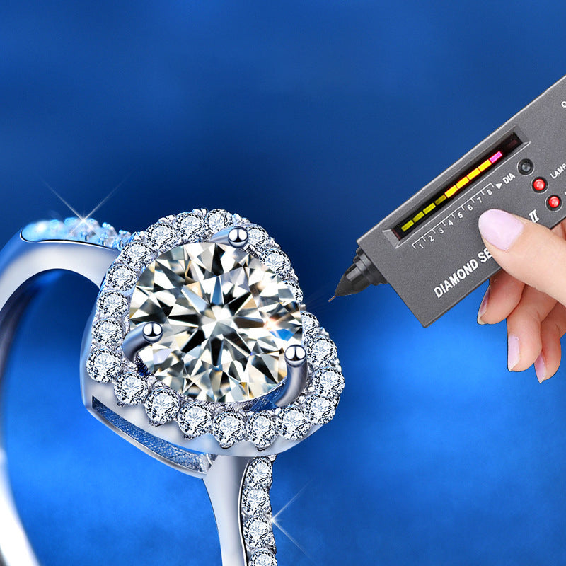 925 Sterling Silver Heart Ring with 1ct Moissanite - 0.05um White Gold Plated Adjustable Women's Band
