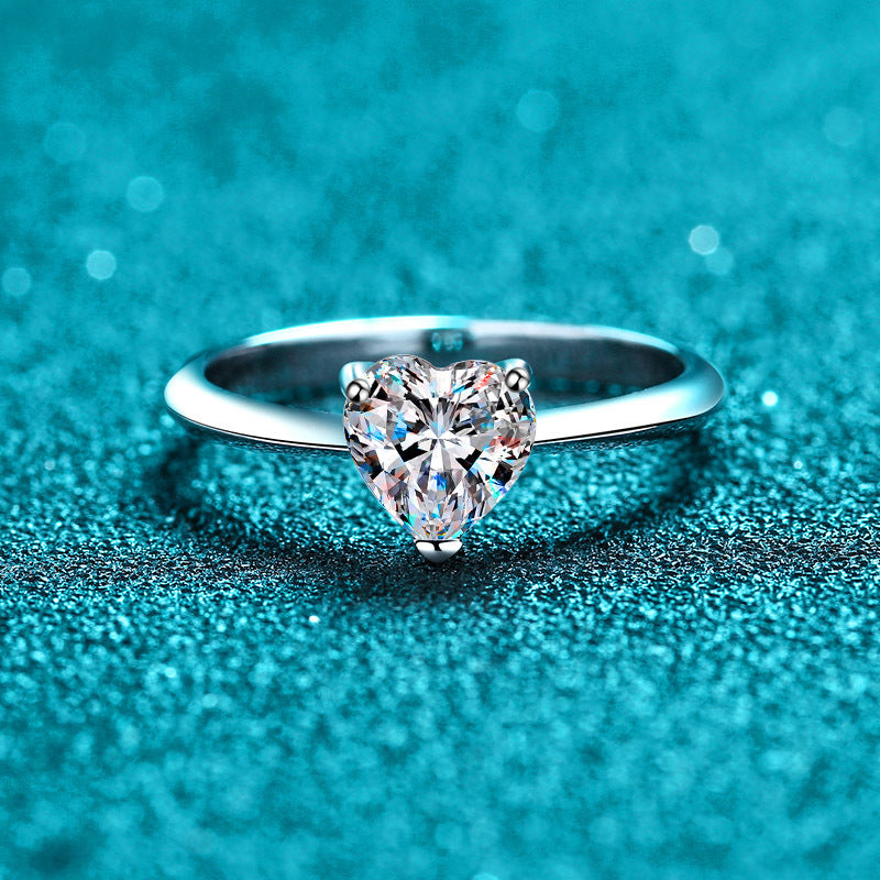 925 Sterling Silver Heart Shaped Moissanite Ring | 1-2ct Unique Security Lock Design