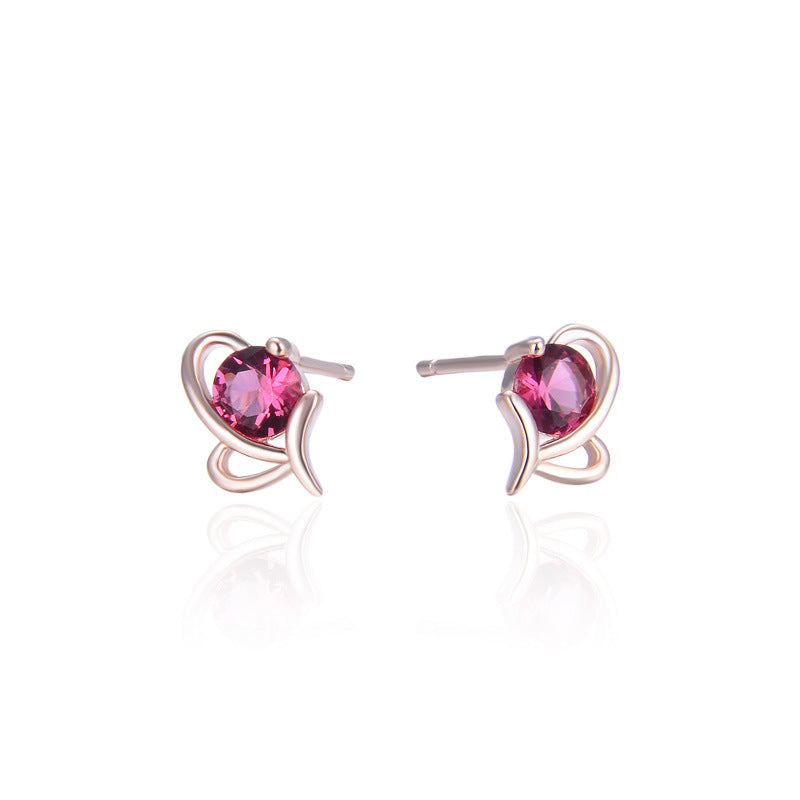 925 Sterling Silver Heart Stud Earrings - Minimalist Crystal Accent Geometric Earrings with Plastic Stoppers