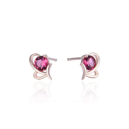 925 Sterling Silver Heart Stud Earrings - Minimalist Crystal Accent Geometric Earrings with Plastic Stoppers
