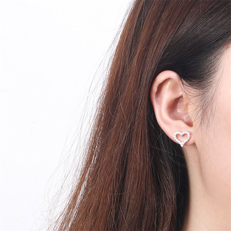 925 Sterling Silver Heart Stud Earrings – Korean-Inspired Rose Gold & White Gold Jewelry