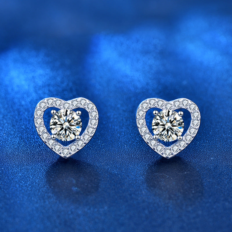 925 Sterling Silver Heart Stud Earrings with 0.5ct/1ct Moissanite (8 Hearts & Arrows Cut) - Minimalist Love Jewelry for Women