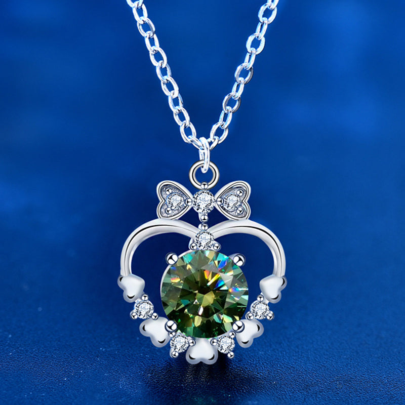 925 Sterling Silver Heart & Bow Pendant Necklace with 1ct Moissanite - Green or White Diamond Cross Chain Unique Jewelry