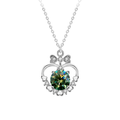 925 Sterling Silver Heart & Bow Pendant Necklace with 1ct Moissanite - Green or White Diamond Cross Chain Unique Jewelry