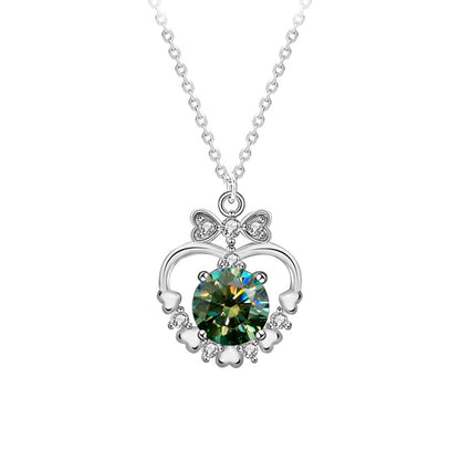 925 Sterling Silver Heart & Bow Pendant Necklace with 1ct Moissanite - Green or White Diamond Cross Chain Unique Jewelry