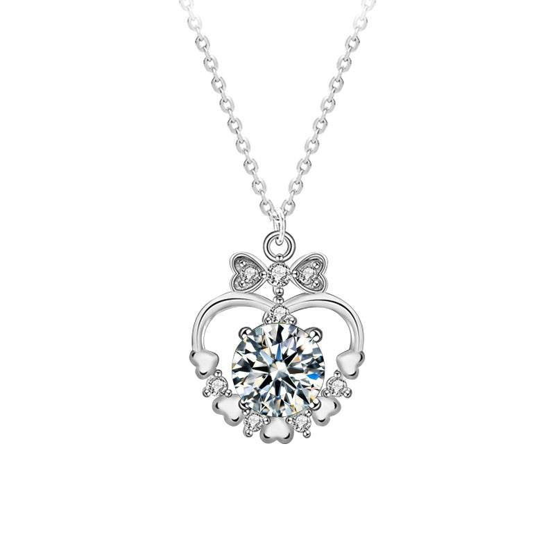 925 Sterling Silver Heart & Bow Pendant Necklace with 1ct Moissanite - Green or White Diamond Cross Chain Unique Jewelry