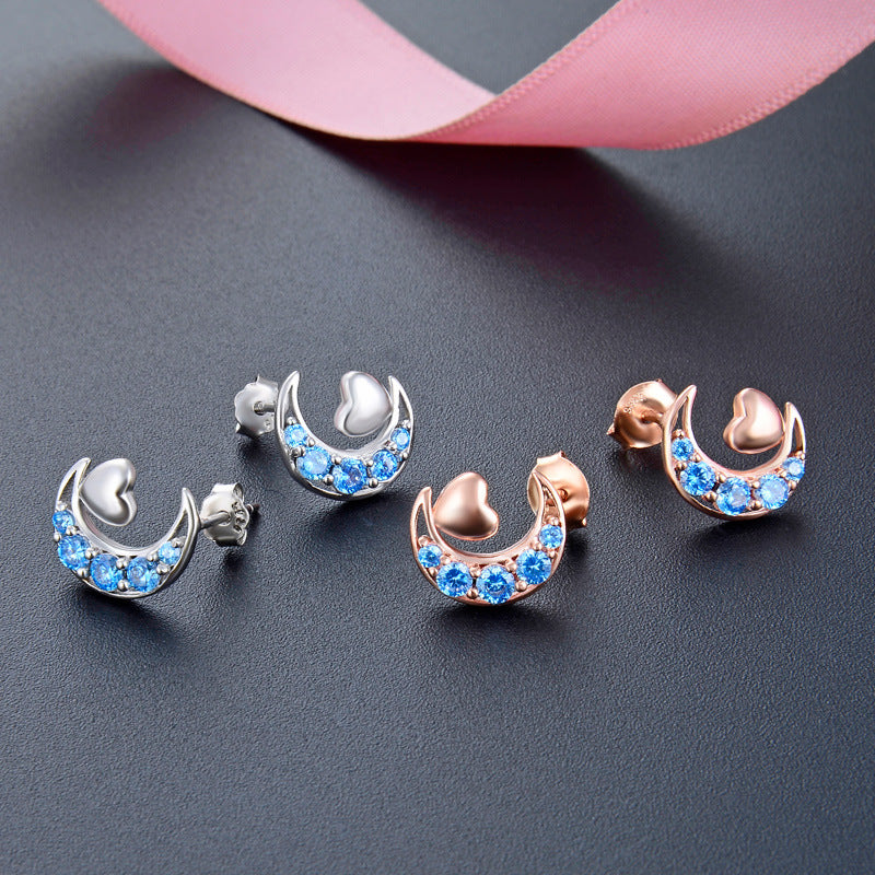 925 Sterling Silver Heart & Moon Stud Earrings - White Gold/Rose Gold Plated CZ Earrings with Plastic Backs