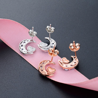 925 Sterling Silver Heart & Moon Stud Earrings - White Gold/Rose Gold Plated CZ Earrings with Plastic Backs