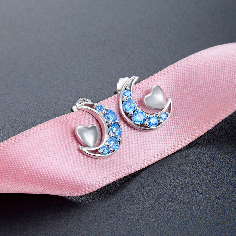 925 Sterling Silver Heart & Moon Stud Earrings - White Gold/Rose Gold Plated CZ Earrings with Plastic Backs