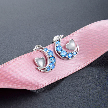 925 Sterling Silver Heart & Moon Stud Earrings - White Gold/Rose Gold Plated CZ Earrings with Plastic Backs