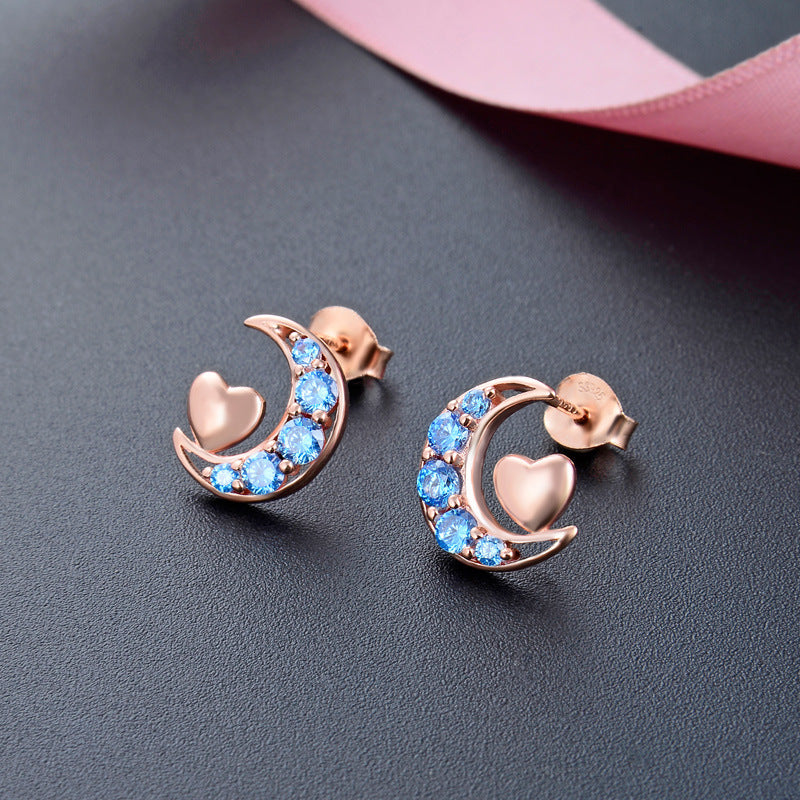 925 Sterling Silver Heart & Moon Stud Earrings - White Gold/Rose Gold Plated CZ Earrings with Plastic Backs