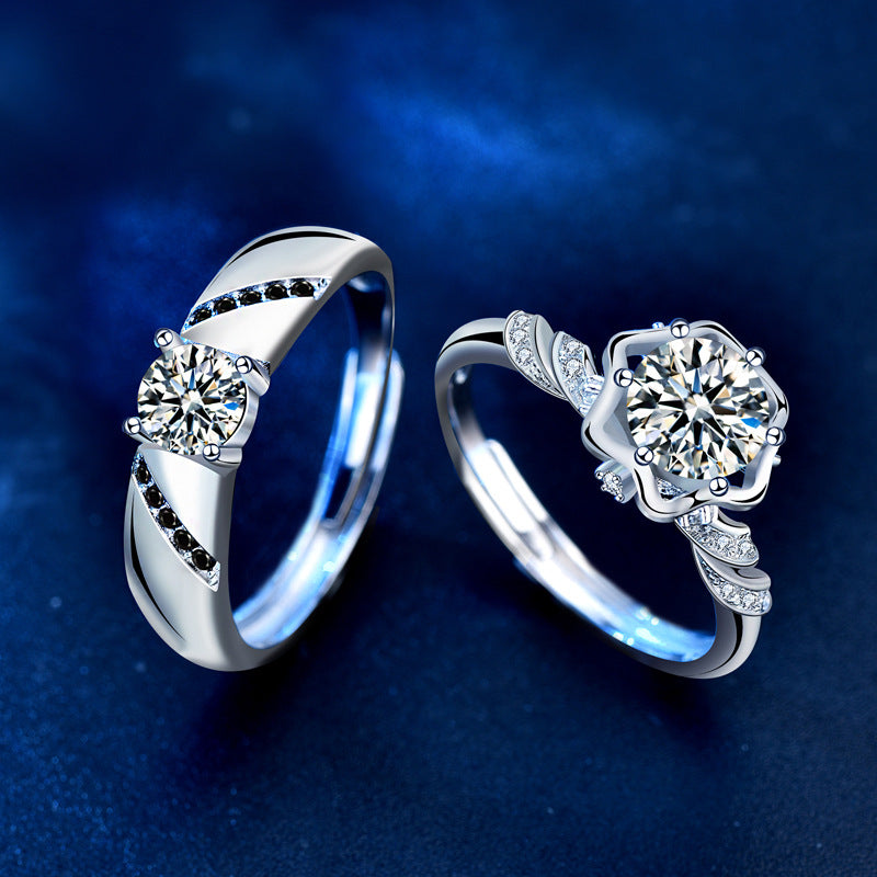 925 Sterling Silver Hexagon Couple Rings His & Hers Adjustable Moissanite Bands (0.5ct & 1ct) White Gold Plated Edgy Love Jewelry