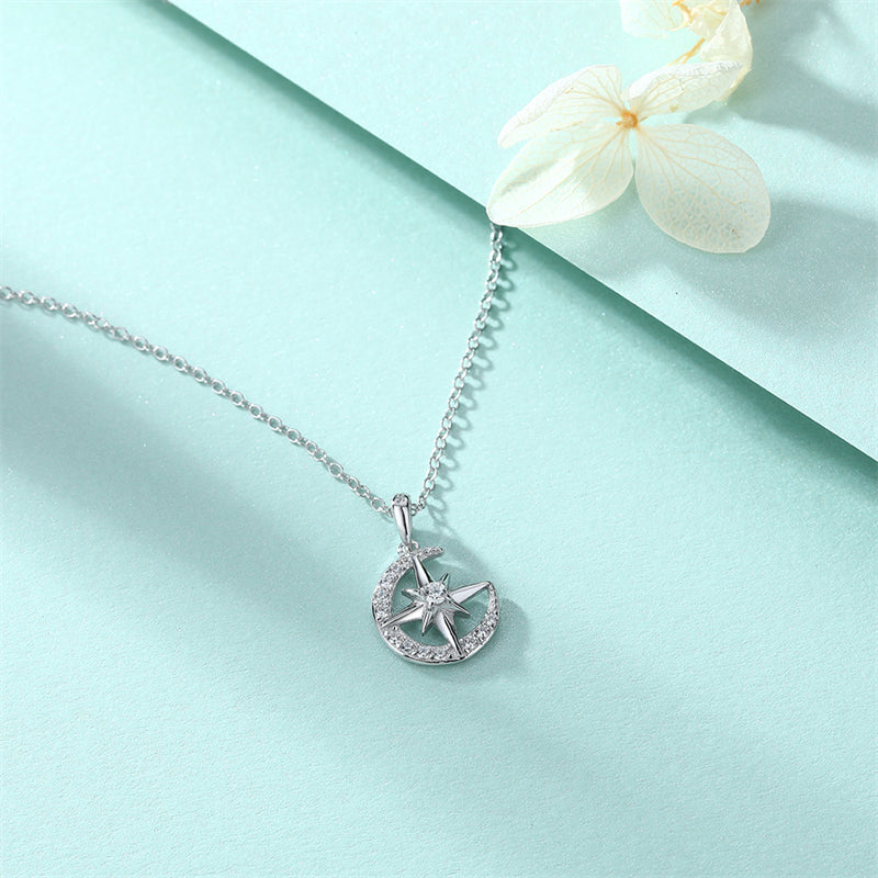 925 Sterling Silver Hexagram Pendant Necklace - Elegant Star & Moon Collarbone Chain