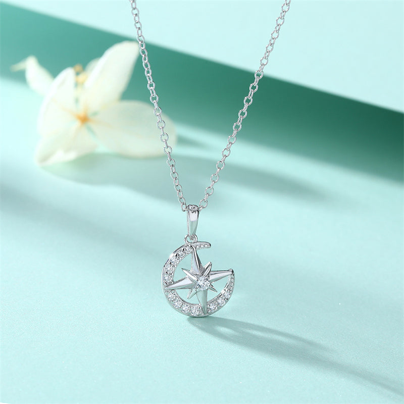 925 Sterling Silver Hexagram Pendant Necklace - Elegant Star & Moon Collarbone Chain