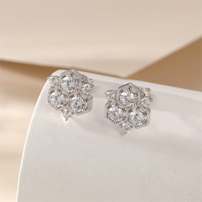 925 Sterling Silver Honeycomb Earrings for Women Geometric Hexagon Stud Earrings with Tassel White Gold Plated