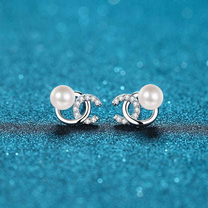 925 Sterling Silver Initial Stud Earrings - 0.18ct Moissanite & Flawless Freshwater Pearls