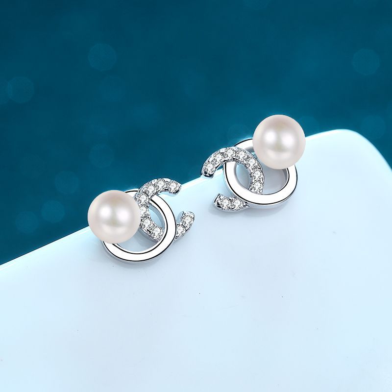 925 Sterling Silver Initial Stud Earrings - 0.18ct Moissanite & Flawless Freshwater Pearls