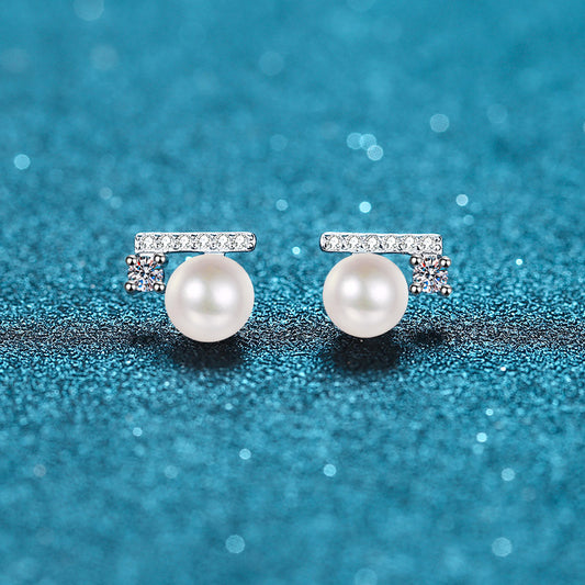 925 Sterling Silver Initial Stud Earrings - 0.22ct Moissanite & 6-7mm Pearls with Platinum Plating