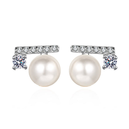 925 Sterling Silver Initial Stud Earrings - 0.22ct Moissanite & 6-7mm Pearls with Platinum Plating