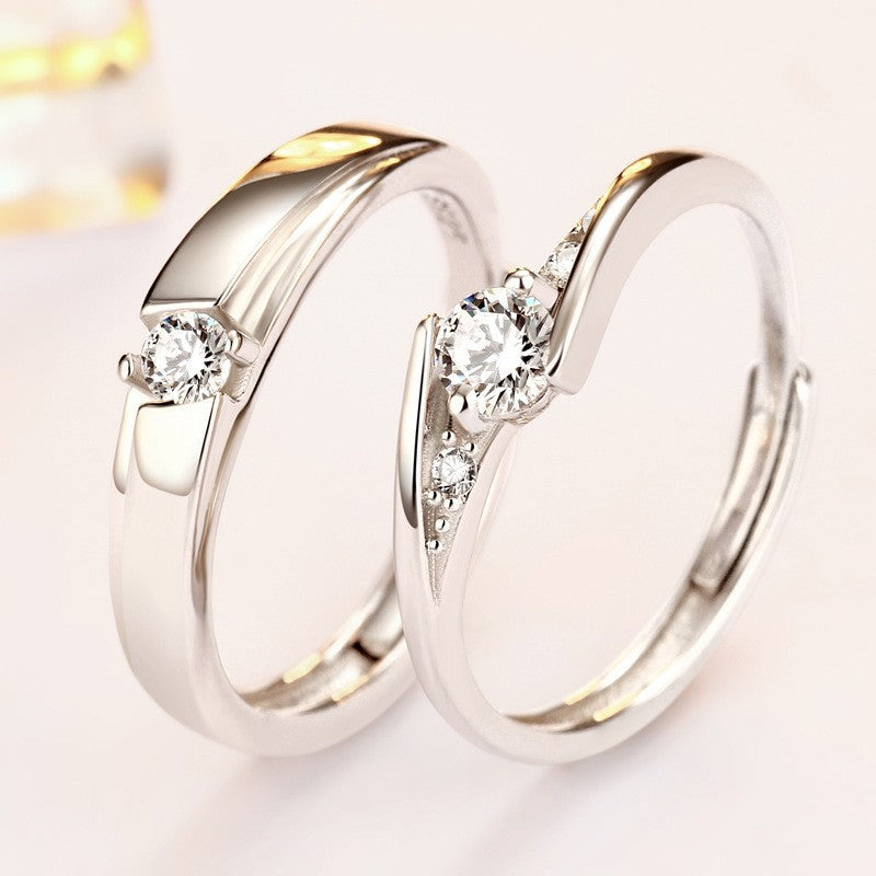 925 Sterling Silver Korean-Style Couple Rings - Adjustable Zircon Wedding Band Set